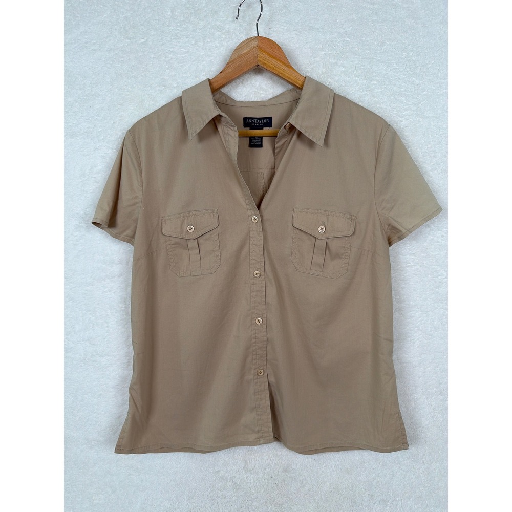 Ann Taylor Button Down Shirt Women 14 Tan Classic Stretch Short Sleeve Pockets